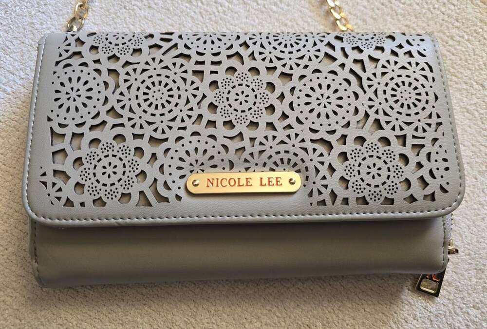 Nicole Lee Crossbody Wallet Gray Perforated Floral Design
